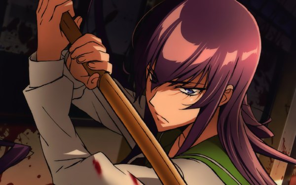 Anime picture 1920x1200 with highschool of the dead madhouse busujima saeko single long hair highres blue eyes wide image purple hair girl weapon sword serafuku katana blood