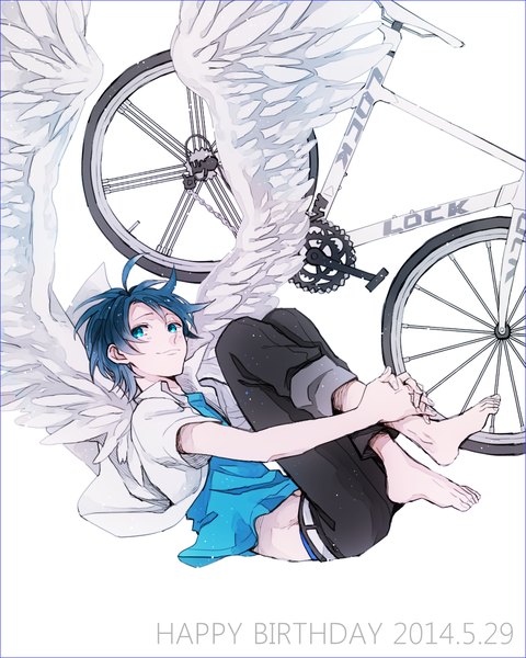 Anime picture 1000x1250 with yowamushi pedal sangaku manami manami sangaku hoshiko (shu-kuri-mu) single tall image short hair blue eyes simple background smile white background blue hair looking away barefoot angel wings happy birthday embryo's pose boy wings ground vehicle