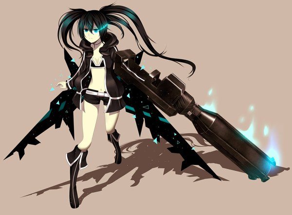 Anime picture 1024x756 with black rock shooter black rock shooter (character) seishiki (artist) single long hair blue eyes black hair simple background twintails shadow glowing glowing eye (eyes) mecha musume girl navel jacket shorts gun thigh boots huge weapon