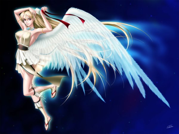 Anime picture 1024x768 with words worth sharon (words worth) long hair breasts blue eyes blonde hair red eyes angel wings girl dress ribbon (ribbons) wings bracelet