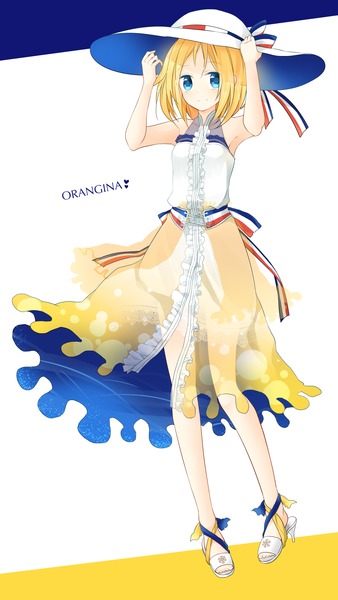 Anime picture 1267x2250 with original orangina nana kusun single tall image looking at viewer short hair blue eyes blonde hair flag print girl dress ribbon (ribbons) hat