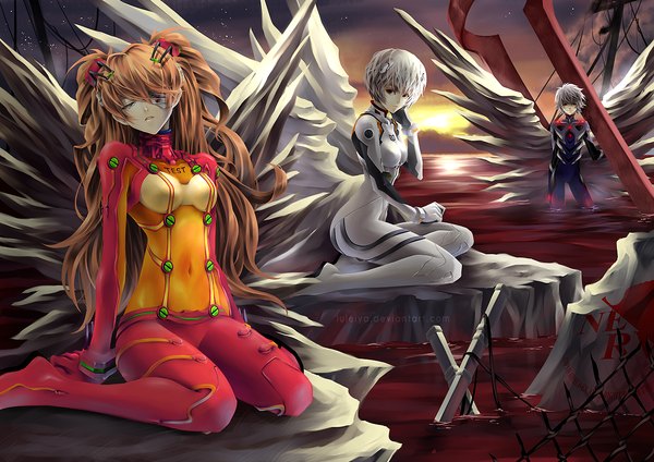 Anime picture 1286x909 with neon genesis evangelion gainax soryu asuka langley ayanami rei nagisa kaworu luleiya long hair short hair blue eyes red eyes brown hair multiple girls white hair logo bandage over one eye nerv girl boy 2 girls wings