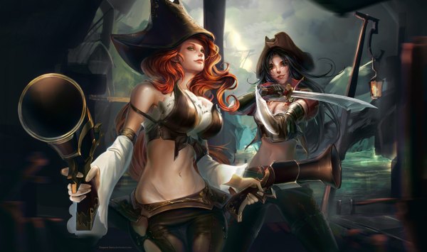 Anime picture 2703x1600 with league of legends katarina (league of legends) miss fortune (league of legends) claparo-sans long hair looking at viewer highres breasts black hair smile wide image large breasts multiple girls green eyes lips orange hair bare belly midriff pirate girl