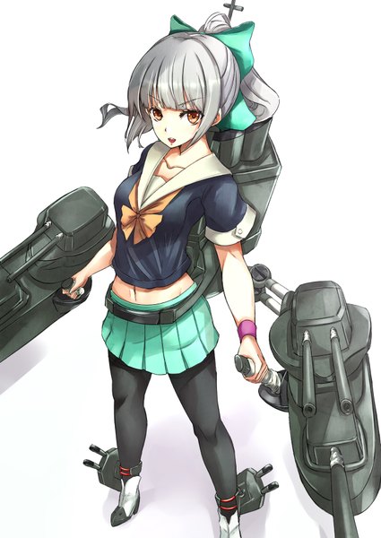 Anime picture 2507x3541 with kantai collection yuubari light cruiser asya single long hair tall image highres open mouth simple background white background brown eyes silver hair ponytail pleated skirt girl skirt uniform bow weapon hair bow