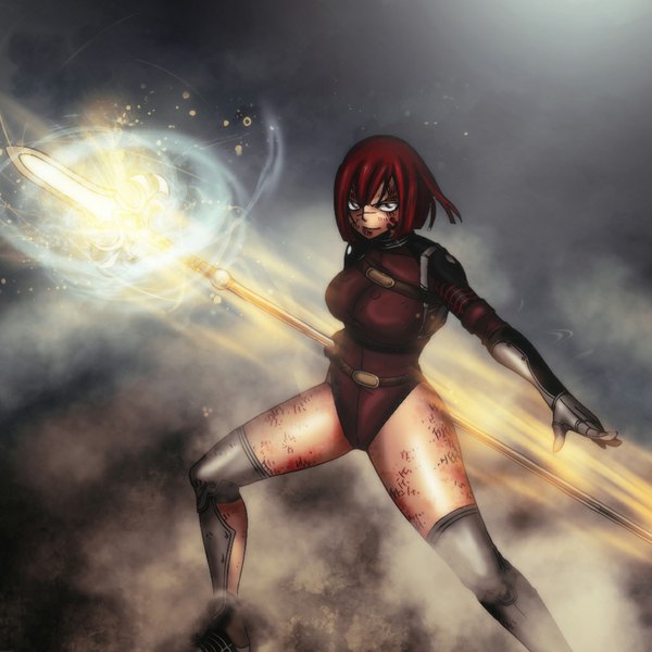 Anime picture 1024x1024 with fairy tail erza knightwalker gray fullbuster (artist) single short hair brown eyes red hair coloring magic light girl weapon armor spear
