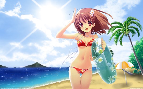 Anime picture 1920x1200 with flyable heart inaba yui single highres short hair open mouth red eyes brown hair wide image hair flower beach mountain girl hair ornament swimsuit plant (plants) bikini tree (trees) sea palm tree