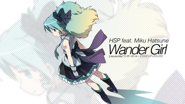 Anime picture 1920x1080 with vocaloid hatsune miku kanzaki hiro single highres wide image green eyes multicolored hair green hair inscription alternate hairstyle zoom layer girl skirt gloves bow hair bow necktie boots