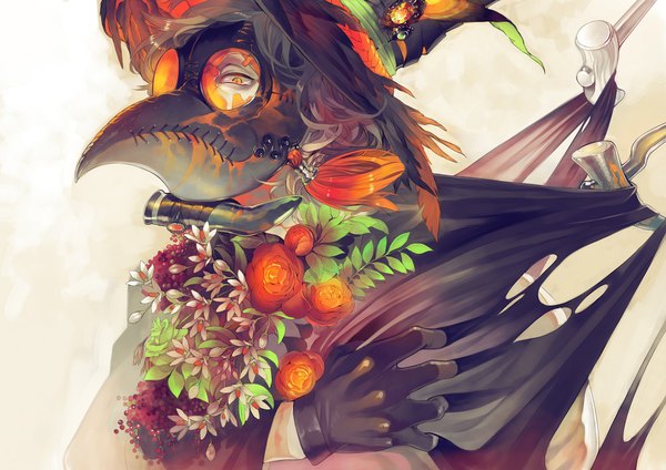 Anime picture 1000x707 with original fasna single looking at viewer brown hair orange eyes torn clothes gloves hair ornament hat black gloves mask