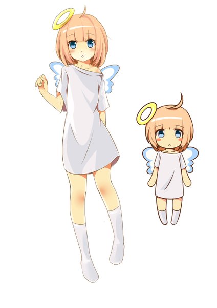 Anime picture 3826x5409 with original otaku (pixiv id4162402) single tall image looking at viewer blush highres short hair blue eyes simple background blonde hair white background absurdres ahoge girl wings socks white socks halo t-shirt