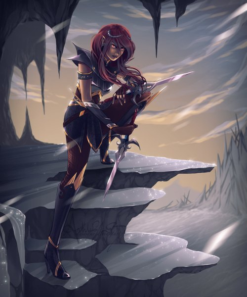 Anime picture 1024x1229 with original goldprincess single long hair tall image red eyes signed sky cloud (clouds) red hair pointy ears rock girl weapon earrings bracelet armor fingerless gloves thigh boots beads