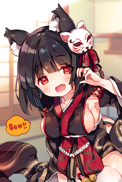 Anime picture 600x894 with azur lane yamashiro (azur lane) ana (rznuscrf) single tall image looking at viewer fringe short hair breasts open mouth light erotic black hair red eyes large breasts animal ears blunt bangs traditional clothes :d japanese clothes fang (fangs)