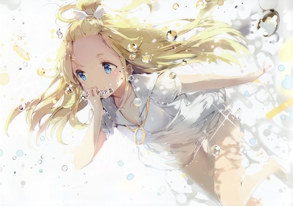Anime picture 3497x2463 with original anmi single long hair blush highres blue eyes blonde hair smile looking away absurdres barefoot sunlight inscription bare legs no shoes puffy sleeves underwater girl hair ornament