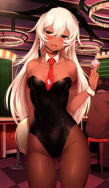 Anime picture 1056x1812 with black rock shooter strength (black rock shooter) mdastarou single long hair tall image blush open mouth light erotic holding brown eyes animal ears white hair teeth fang (fangs) bunny ears dark skin girl pantyhose necktie