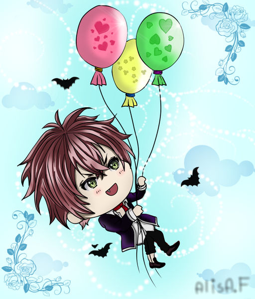 Anime picture 854x1000 with diabolik lovers idea factory sakamaki ayato alisa.f single tall image blush short hair open mouth simple background green eyes cloud (clouds) red hair teeth fang (fangs) lens flare floral print blue background chibi vector