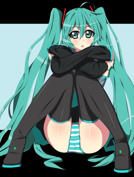 Anime picture 2480x3267 with vocaloid hatsune miku j (shining-next) single tall image blush highres open mouth light erotic sitting twintails very long hair aqua eyes aqua hair girl underwear panties detached sleeves thigh boots