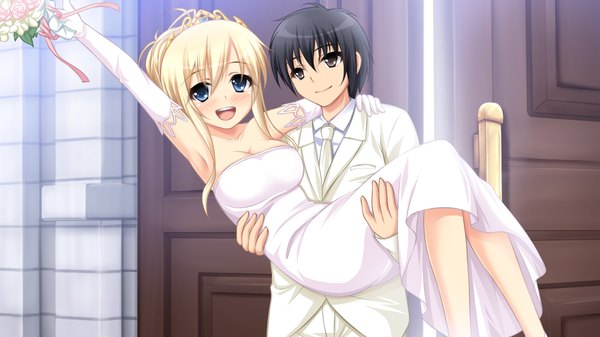 Anime picture 1280x720 with koi suru kimochi no hanakotoba kazamatsuri kana long hair blush short hair open mouth blue eyes black hair blonde hair smile wide image game cg black eyes couple carrying princess carry girl dress boy gloves