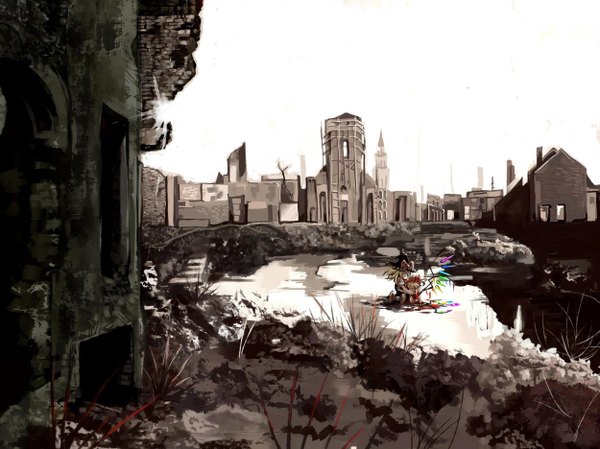 Anime picture 2500x1872 with touhou flandre scarlet kirisame marisa makai no juumin highres blonde hair multiple girls city ruins girl 2 girls hat wings water witch hat