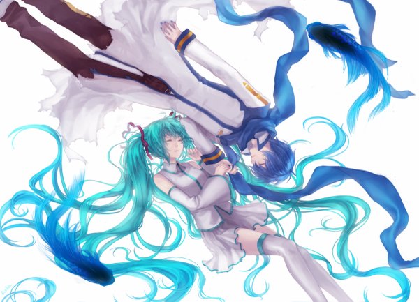Anime picture 1200x867 with vocaloid last night good night (vocaloid) hatsune miku kaito (vocaloid) robinexile long hair short hair twintails blue hair eyes closed very long hair aqua hair torn clothes sleeping girl boy skirt detached sleeves scarf pants