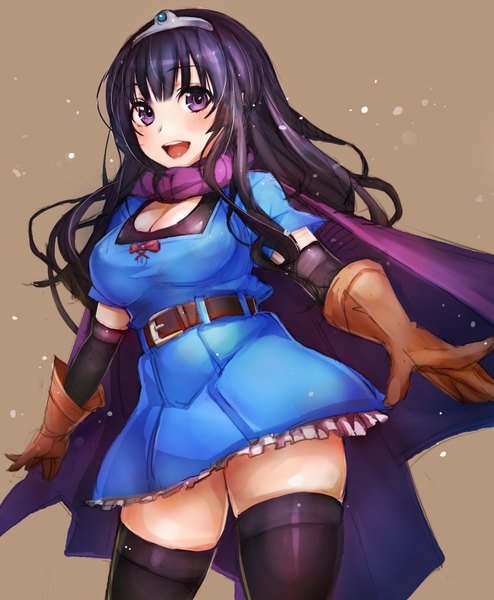Anime picture 1317x1600 with dragon quest dragon quest iii heroine (dq3) taishi (picchiridou) single long hair tall image blush breasts open mouth light erotic smile large breasts purple eyes cleavage purple hair snowing girl thighhighs gloves