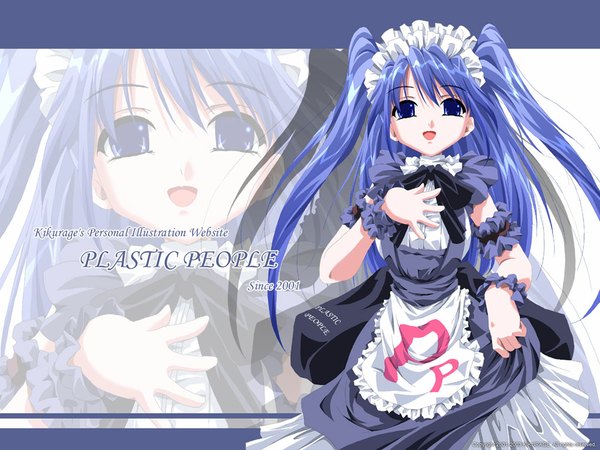 Anime picture 1024x768 with blue eyes twintails blue hair very long hair maid plastic people