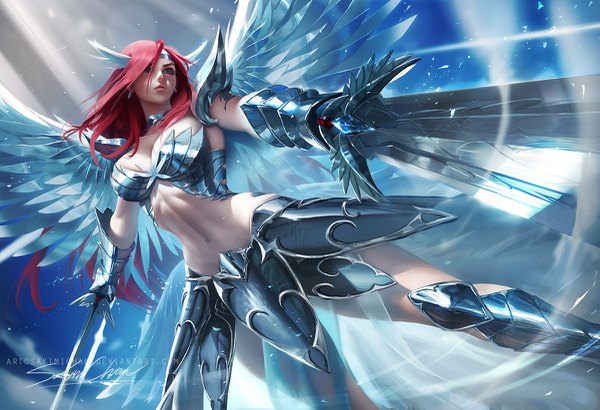 Anime picture 1200x821 with fairy tail erza scarlet sakimichan single long hair light erotic standing brown eyes signed looking away cleavage red hair lips realistic bare belly midriff watermark skindentation eyebrows head wings