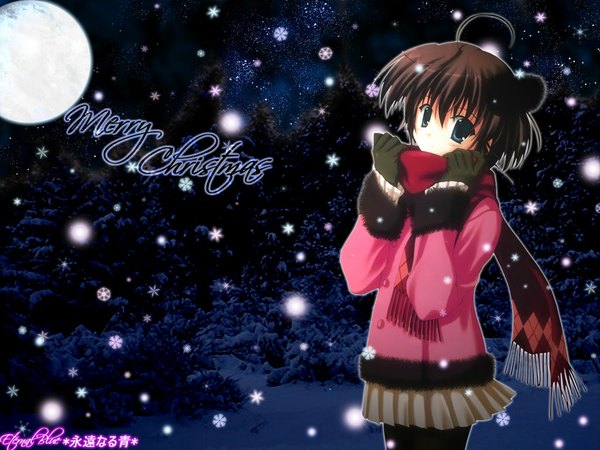Anime picture 1024x768 with nanao naru single looking at viewer fringe short hair hair between eyes signed ahoge pleated skirt night night sky fur trim snowing christmas winter snow third-party edit merry christmas girl skirt