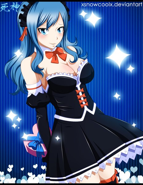 Anime picture 900x1163 with fairy tail juvia lockser xsnowcoolx single long hair tall image blush blue eyes smile bare shoulders blue hair maid coloring valentine girl thighhighs dress gloves black thighhighs black gloves