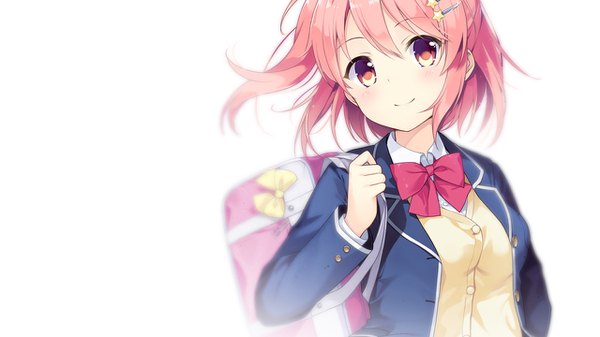 Anime picture 1280x720 with koi kakeru shin-ai kanojo us:track (studio) shindou ayane kimishima ao single looking at viewer blush fringe short hair breasts simple background smile hair between eyes wide image white background pink hair one side up girl uniform hair ornament