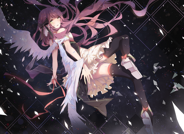 Anime picture 900x654 with original kane (kanekiru) single long hair looking at viewer blush fringe open mouth bare shoulders yellow eyes pink hair bent knee (knees) looking back white wings girl thighhighs dress hair ornament bow ribbon (ribbons)