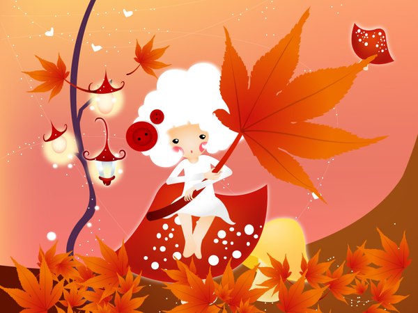 Anime picture 1600x1200 with tagme (artist) blush sitting white hair autumn minigirl girl leaf (leaves) lantern mushroom (mushrooms) fly agaric buttongirl