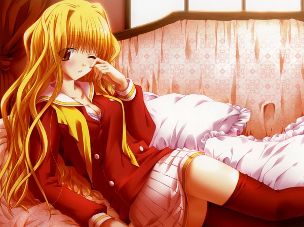 Anime picture 3290x2460 with ojousama kumikyoku arisuma katsumi tatsumi neon long hair looking at viewer blush highres blonde hair brown eyes game cg cleavage one eye closed wink wavy hair reclining girl thighhighs serafuku pillow bed