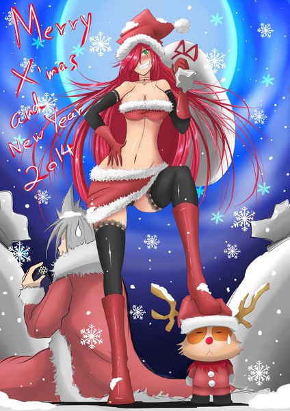 Anime picture 2480x3507 with league of legends katarina (league of legends) teemo (league of legends) vladimir (league of legends) torahime (roland00) long hair tall image blush fringe highres short hair light erotic smile green eyes red hair eyes closed hair over one eye christmas merry christmas girl