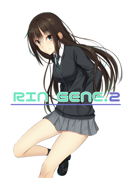 Anime picture 1295x1771 with idolmaster idolmaster cinderella girls shibuya rin karakura0 single long hair tall image looking at viewer blush fringe black hair simple background smile white background green eyes bent knee (knees) girl skirt uniform school uniform