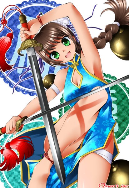 Anime picture 655x950 with original dr rex single long hair tall image open mouth smile brown hair green eyes bent knee (knees) braid (braids) traditional clothes :d armpit (armpits) single braid chinese clothes girl weapon sword bell