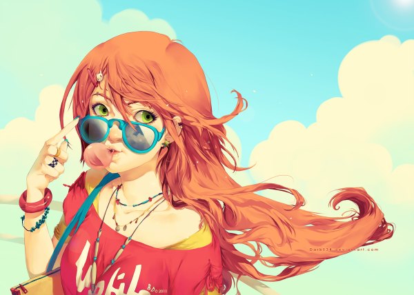 Anime picture 1200x856 with original dark134 single long hair green eyes cloud (clouds) red hair girl hair ornament glasses bracelet jewelry bag hairpin (hairpins) bubblegum