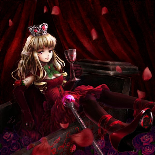Anime picture 1100x1100 with original miyai haruki single long hair blonde hair red eyes pointy ears girl dress gloves flower (flowers) bow ribbon (ribbons) petals elbow gloves staff crown wine glass