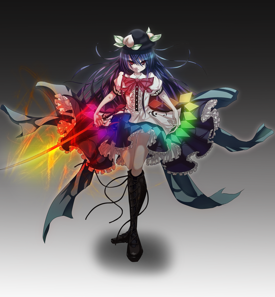 Anime picture 1920x2070 with touhou hinanawi tenshi sousakubito single long hair tall image highres simple background red eyes blue hair grey background girl bow weapon hat sword boots