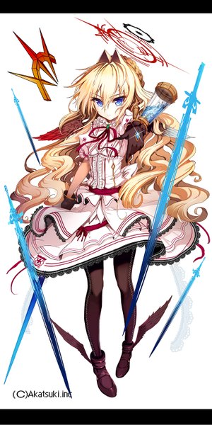 Anime picture 700x1400 with original akabane (zebrasmise) single long hair tall image looking at viewer blue eyes blonde hair simple background white background letterboxed girl dress gloves weapon sword