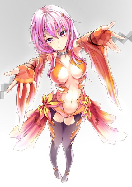 Anime picture 600x849 with guilty crown production i.g yuzuriha inori mirai denki single long hair tall image looking at viewer blush fringe breasts light erotic simple background smile pink hair pink eyes from above grey background spread arms outstretched hand