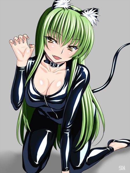 Anime picture 750x1000 with code geass sunrise (studio) c.c. sen (sansui) single long hair tall image blush fringe breasts open mouth light erotic animal ears yellow eyes tail animal tail green hair light smile cat ears grey background