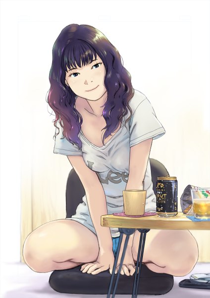 Anime picture 987x1396 with original carina (xiaowoo) single long hair tall image looking at viewer fringe breasts black hair simple background smile sitting black eyes wavy hair clothes writing girl t-shirt table drink alcohol
