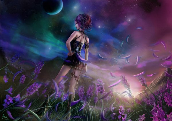 Anime picture 3508x2480 with fufu single looking at viewer highres short hair bare shoulders pink hair absurdres sky profile pink eyes wavy hair space girl dress flower (flowers) plant (plants) petals bracelet moon
