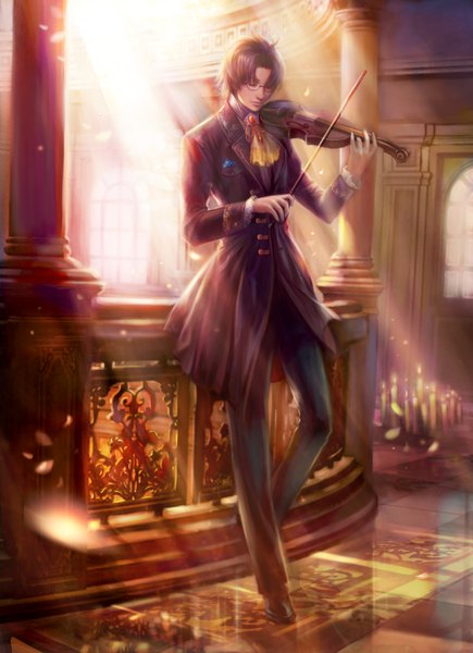 Anime picture 1296x1788 with axis powers hetalia studio deen austria (hetalia) jiuge single tall image short hair brown hair eyes closed realistic boy glasses musical instrument candle (candles) violin bow (instrument) balcony