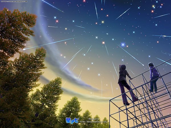 Anime picture 1024x768 with kagaya sky night night sky 3d meteor rain boy star (stars) child (children)