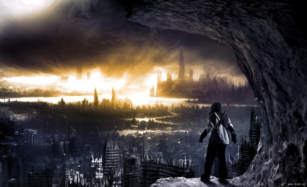 Anime picture 1200x730 with romantically apocalyptic alexiuss wide image city evening sunset cityscape ruins rock destruction explosion post-apocalyptic