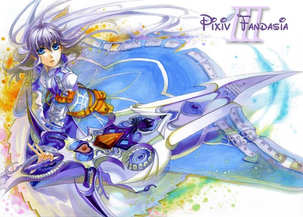 Anime picture 1600x1146 with original pixiv fantasia pixiv fantasia iii fuumi (radial engine) single long hair looking at viewer blue eyes sitting purple hair ahoge copyright name girl dress huge weapon fanny pack