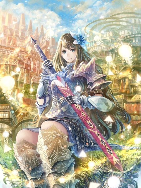 Anime picture 1250x1666 with original bounin single long hair tall image looking at viewer breasts blue eyes smile brown hair sitting holding sky cloud (clouds) hair flower wavy hair glow knight girl hair ornament