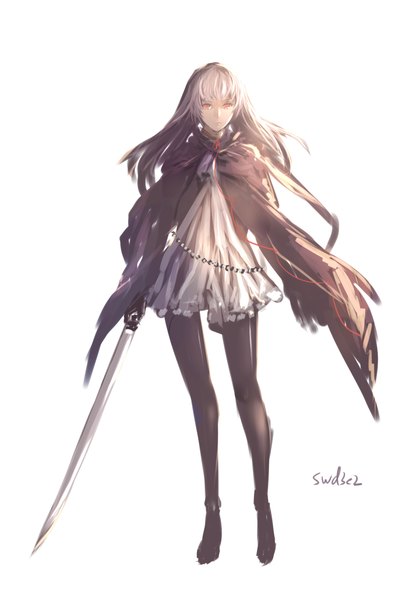 Anime picture 1653x2361 with swd3e2 single long hair tall image looking at viewer fringe simple background standing white background yellow eyes grey hair girl dress gloves weapon pantyhose sword black gloves white dress cloak