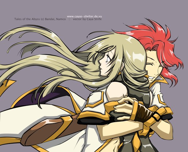 Anime picture 3088x2500 with tales of (series) tales of the abyss luke fon fabre tear grants long hair highres blonde hair smile bare shoulders absurdres red hair eyes closed grey background hug vector girl boy gloves weapon detached sleeves