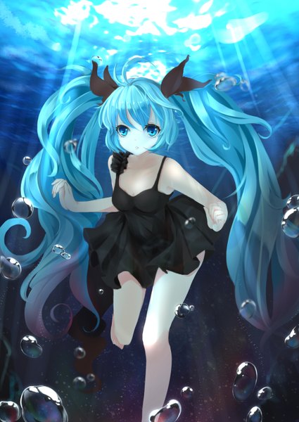 Anime picture 1000x1410 with vocaloid shinkai shoujo (vocaloid) hatsune miku dre single long hair tall image looking at viewer fringe blue eyes twintails bare shoulders blue hair bent knee (knees) barefoot sunlight bare legs no shoes underwater sunbeam